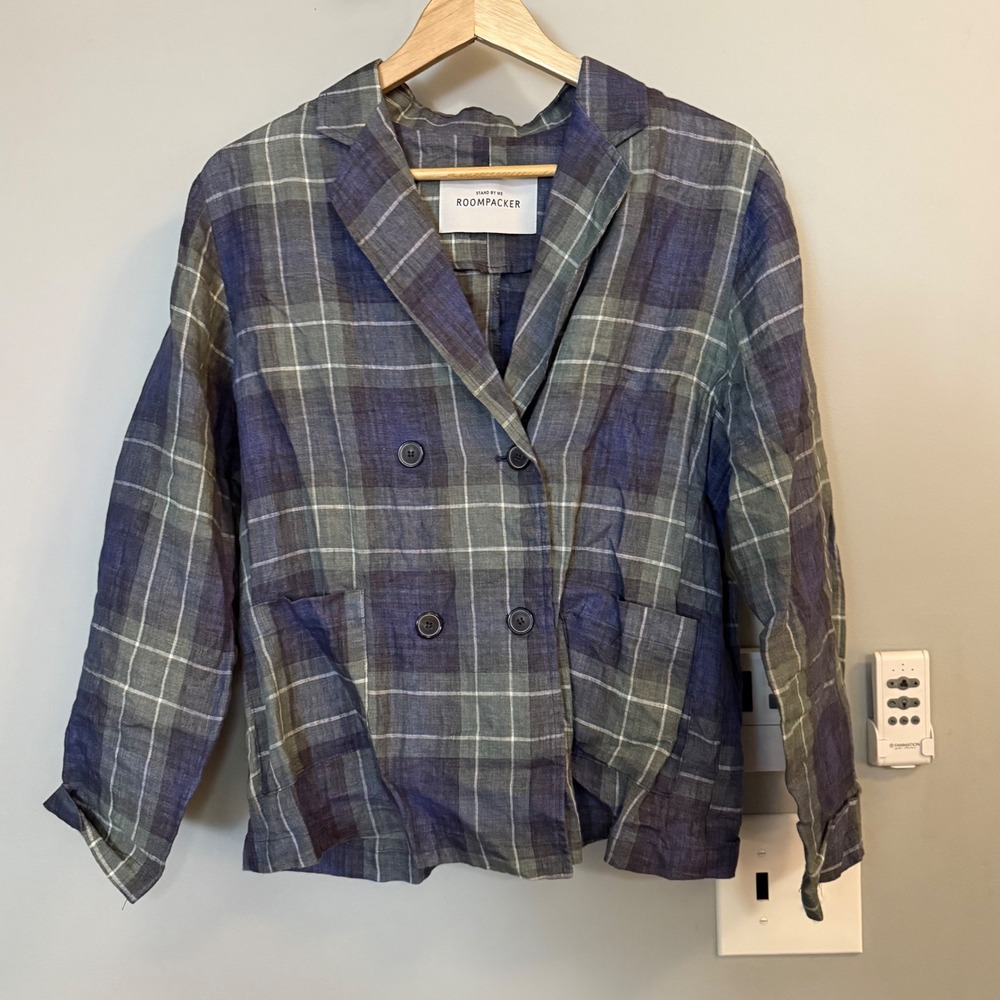 Roompacker Linen Blazer Women Free Size Blue Green Plaid Double Breasted Jacket
